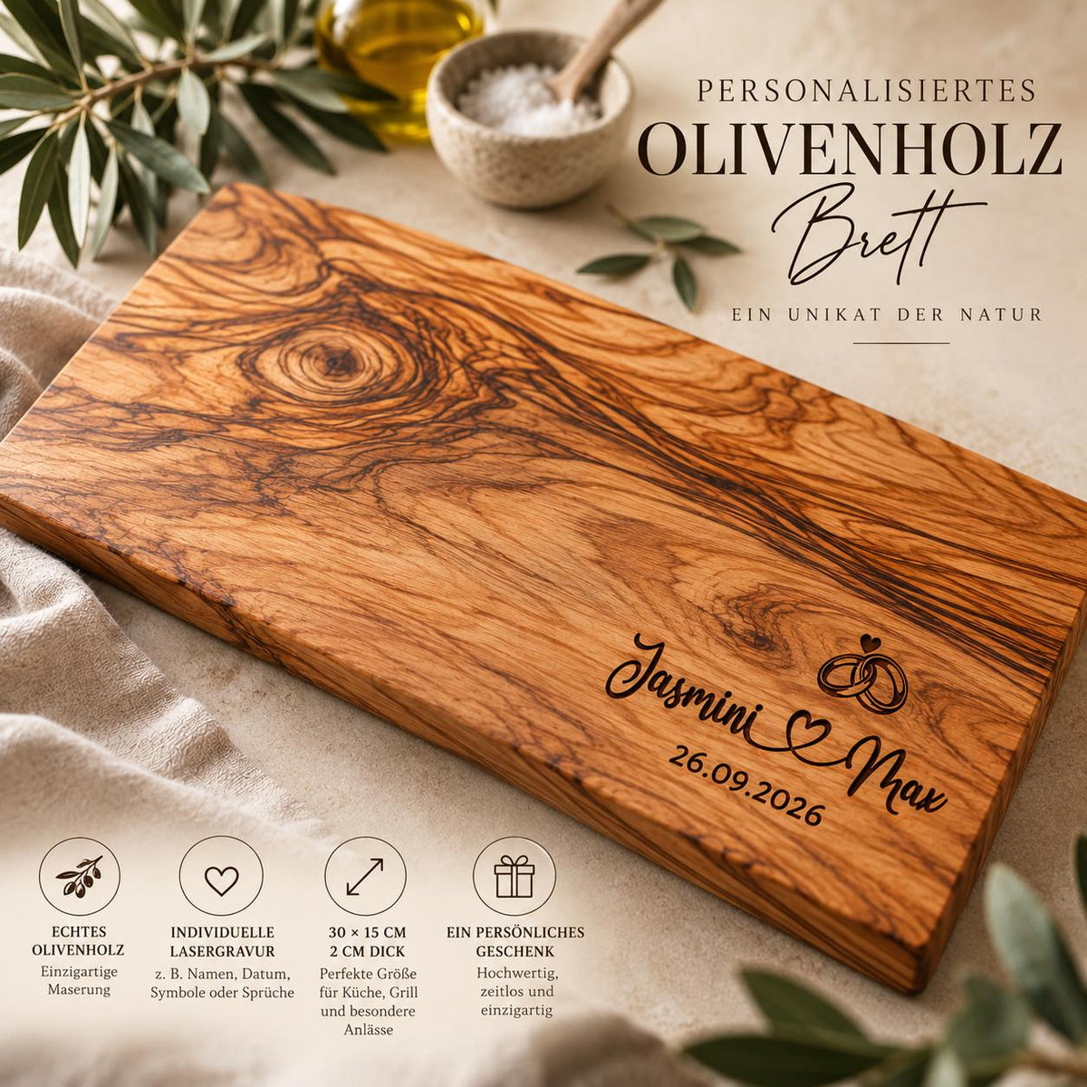 Personalisiertes Olivenholzbrett mit Gravur Jasmini und Max, Eheringe und Datum, echtes Olivenholz und Unikat