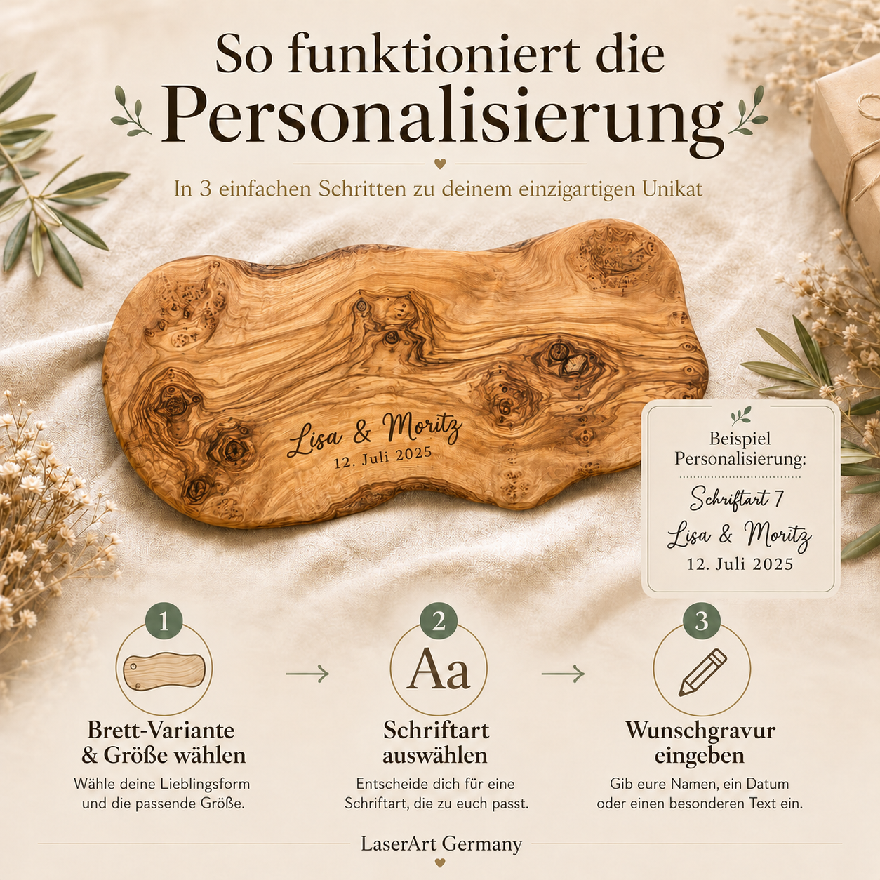 Personalisierung in drei Schritten: Variante wählen, Schriftart, Wunschgravur
