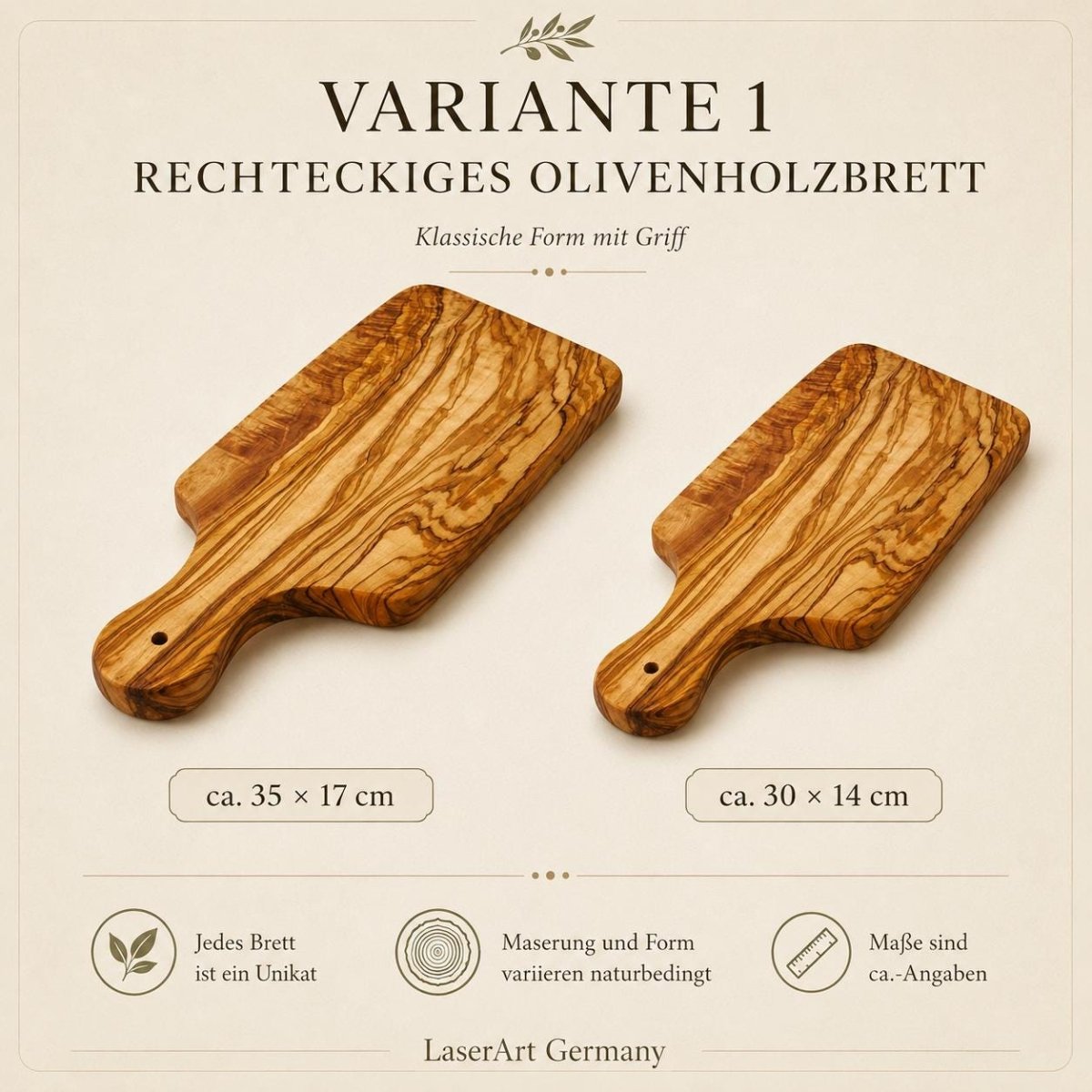 Variante 1: rechteckiges Olivenholzbrett mit Griff, 30 und 35 cm