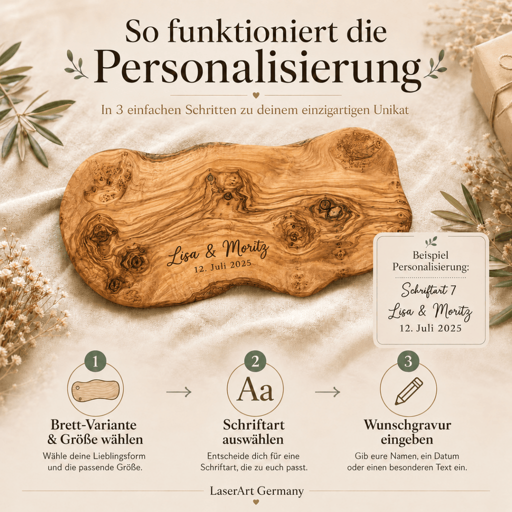Personalisierung in drei Schritten: Variante wählen, Schriftart, Wunschgravur