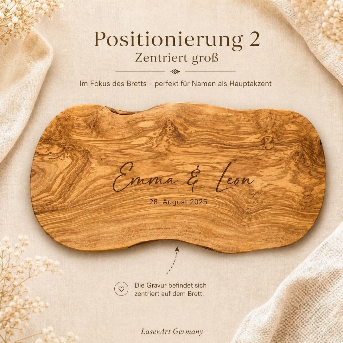 Gravurposition 2: Namen zentriert und groß auf dem Brett