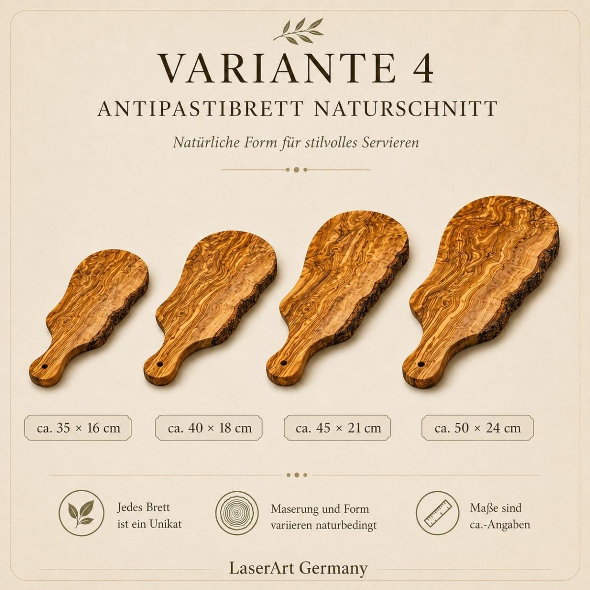 Variante 4: Antipastibrett aus Olivenholz im Naturschnitt