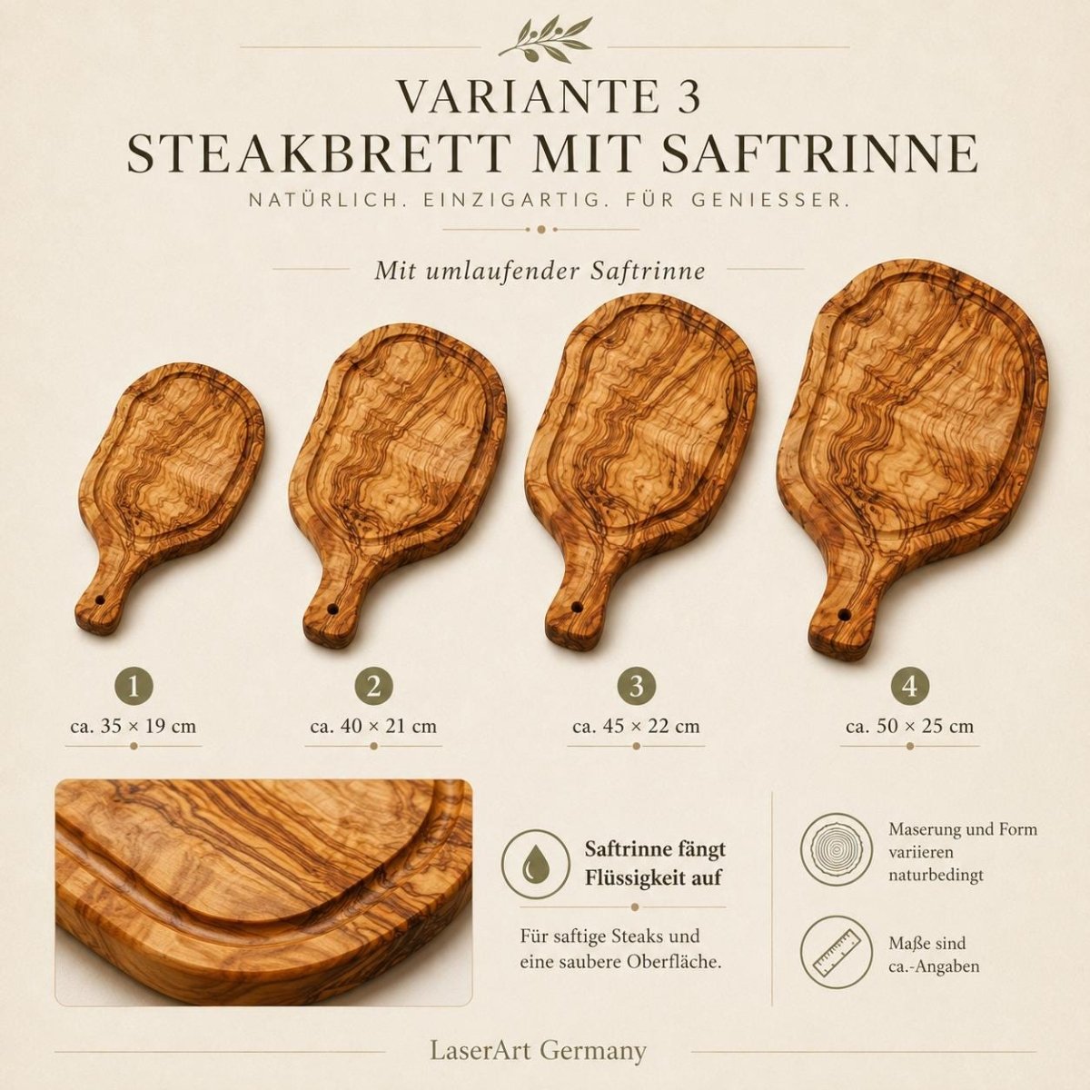 Variante 3: Steakbrett aus Olivenholz mit umlaufender Saftrinne