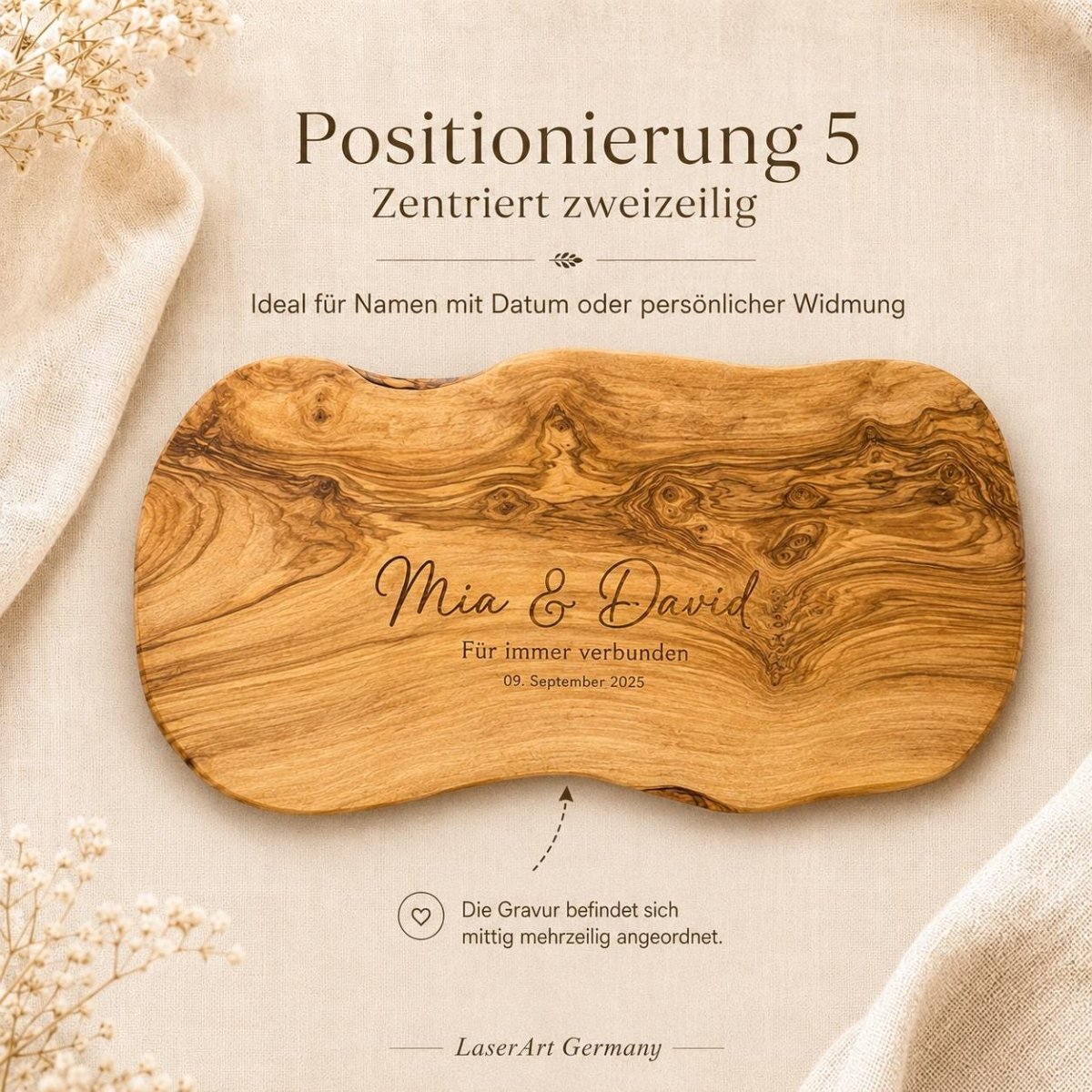 Gravurposition 5: Namen und Widmung zentriert zweizeilig