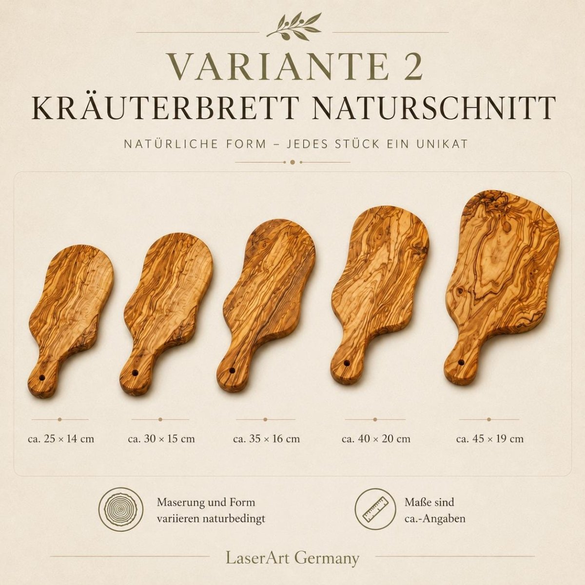 Variante 2: Kräuterbrett aus Olivenholz im Naturschnitt, 25 bis 45 cm