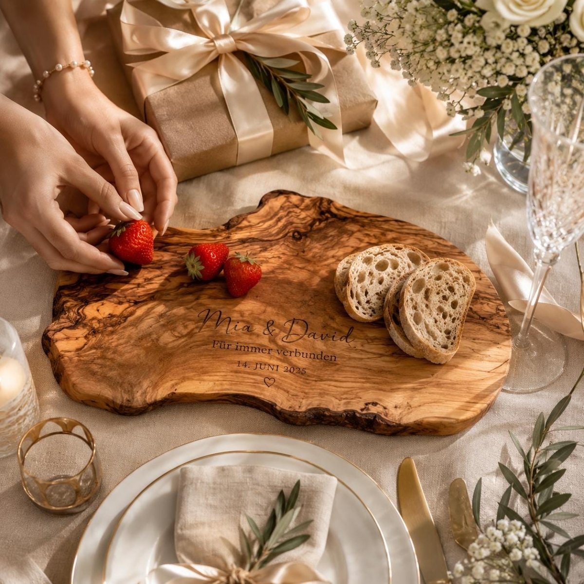 Olivenholzbrett mit Brot und Erdbeeren, daneben die Geschenkverpackung