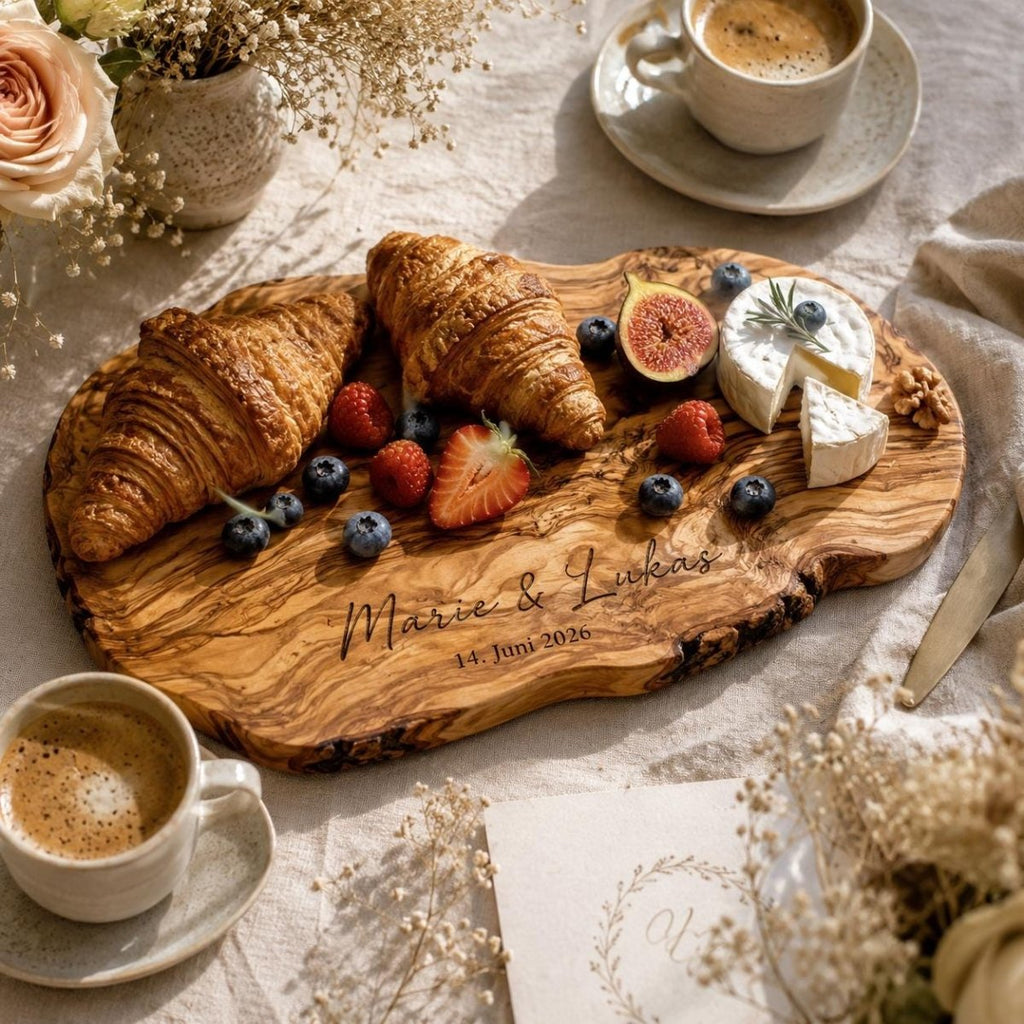 Olivenholzbrett mit Gravur personalisiert – Hochzeitsgeschenk Brautpaar | Namen & Datum | Schneidebrett Olivenholz - LaserArt Germany