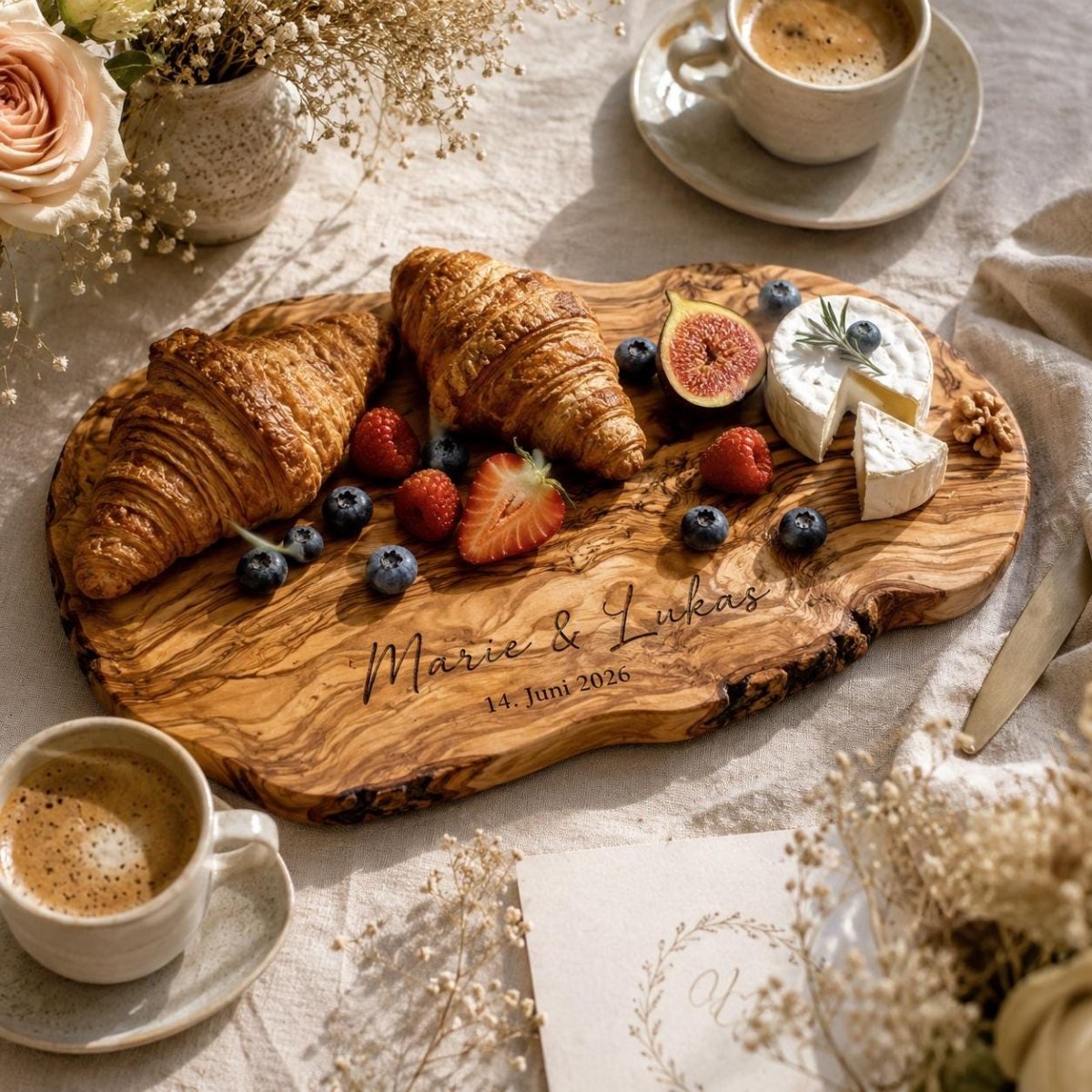 Olivenholzbrett mit Croissants, Beeren und Käse zum Frühstück serviert