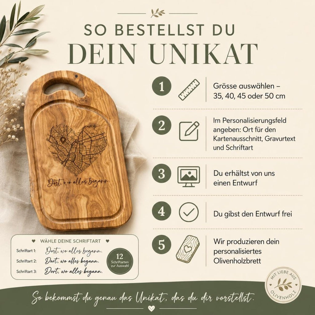 Olivenholzbrett mit Stadtkarte personalisiertes Hochzeitsgeschenk – Detailaufnahme der Namens- und Datumsgravur
