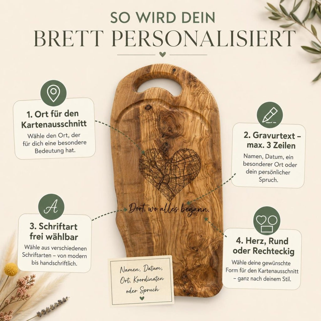 Olivenholzbrett mit Stadtkarte personalisiertes Hochzeitsgeschenk – Seitenansicht
