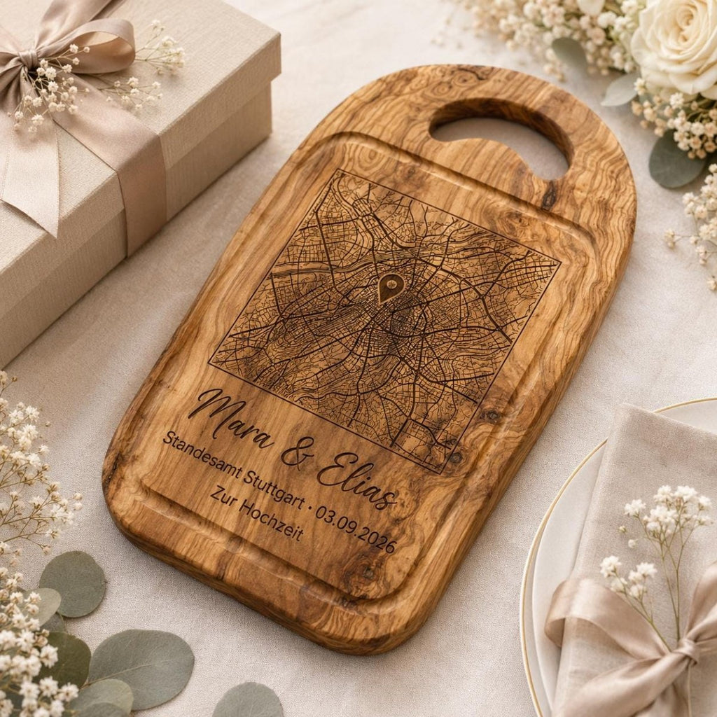 Olivenholzbrett mit Stadtkarte personalisiertes Hochzeitsgeschenk – Anwendungsbeispiel in der Küche