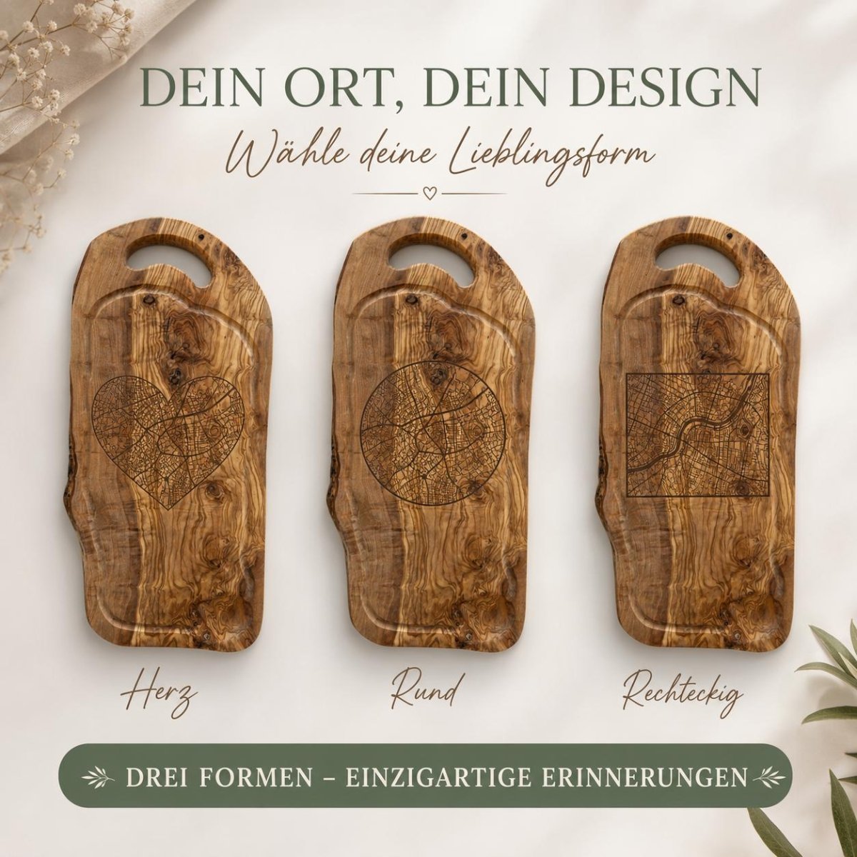 Olivenholzbrett mit Stadtkarte personalisiertes Hochzeitsgeschenk – Nahaufnahme der Olivenholzmaserung