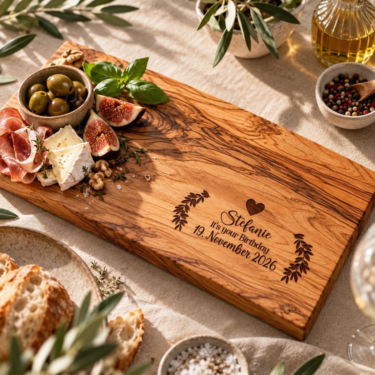 Olivenholzbrett mit Gravur Stefanie und Geburtstagsdatum, angerichtet mit Schinken, Käse, Feigen und Oliven