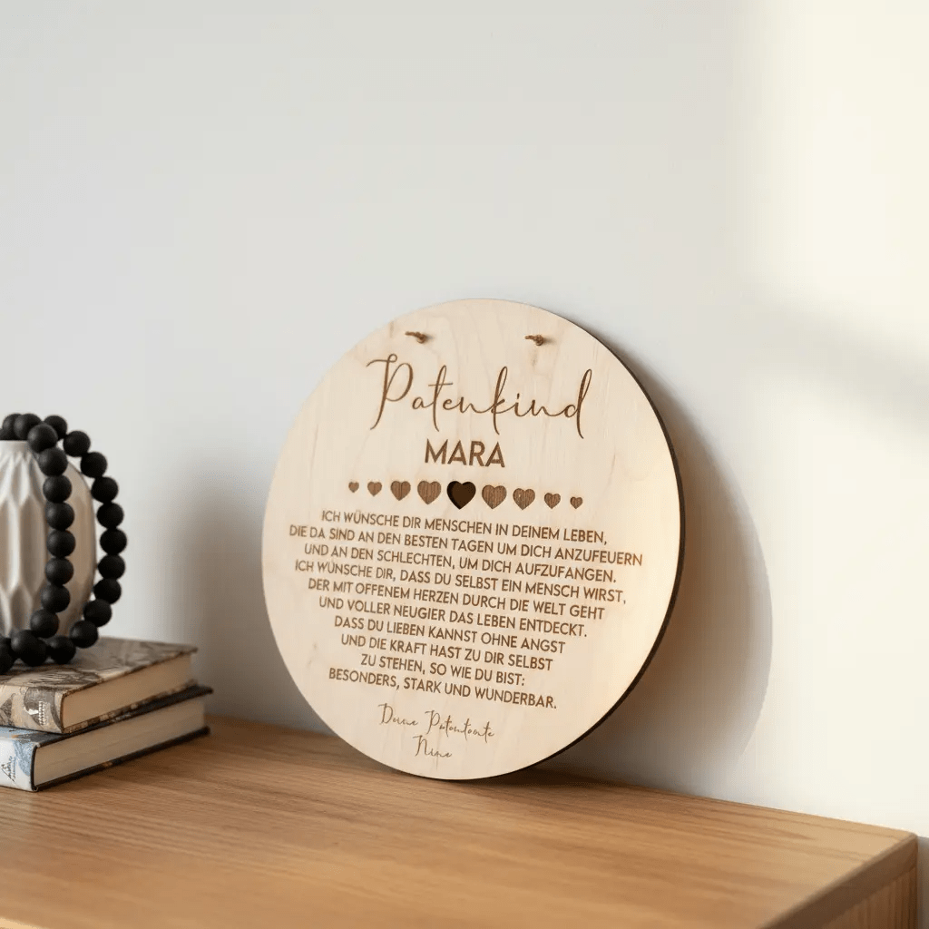 Taufgeschenk für Patenkind aus Holz, Herz und Rund – Herzform im Detail