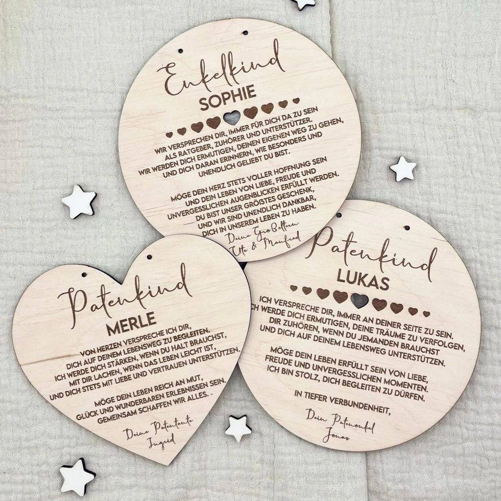 Patenkind Taufgeschenkvon Patentante und Patenonkel | Rund und Herz Form - LaserArt Germany