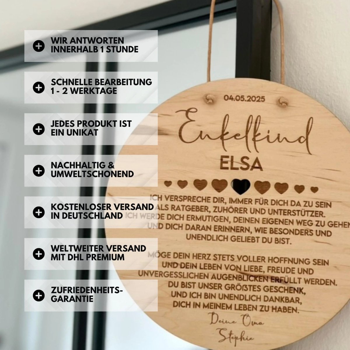 Taufgeschenk für Patenkind aus Holz, Herz und Rund – Rückseite des Schilds