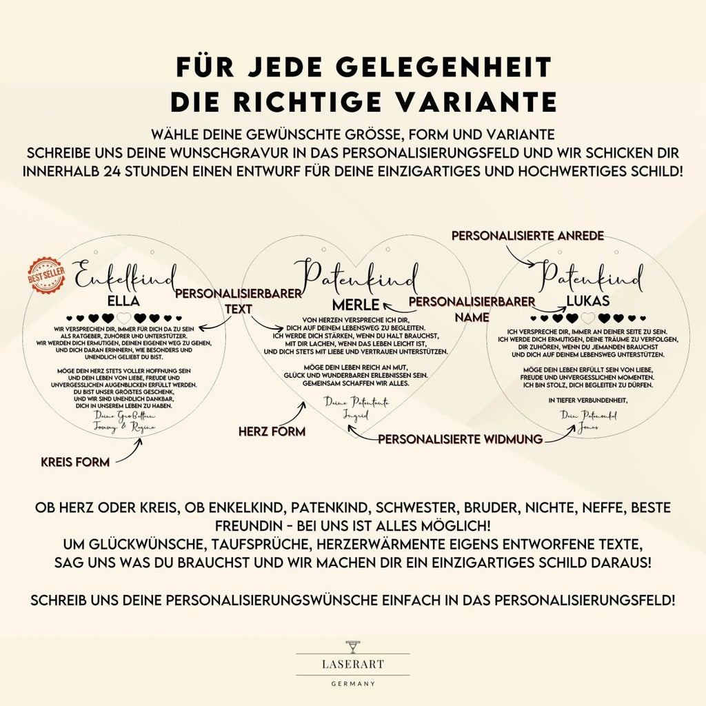 Patenkind Taufgeschenkvon Patentante und Patenonkel | Rund und Herz Form - LaserArt Germany