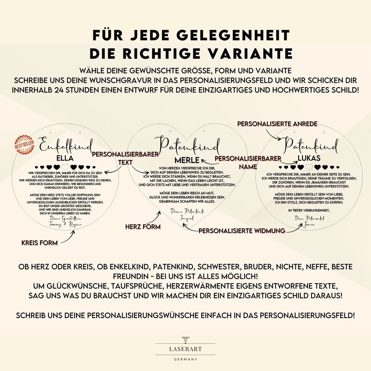 Patenkind Taufgeschenkvon Patentante und Patenonkel | Rund und Herz Form - LaserArt Germany