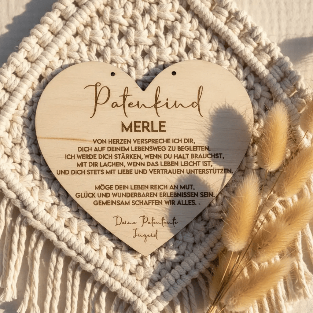 Taufgeschenk für Patenkind aus Holz, Herz und Rund – Frontalansicht mit Taufdatum graviert