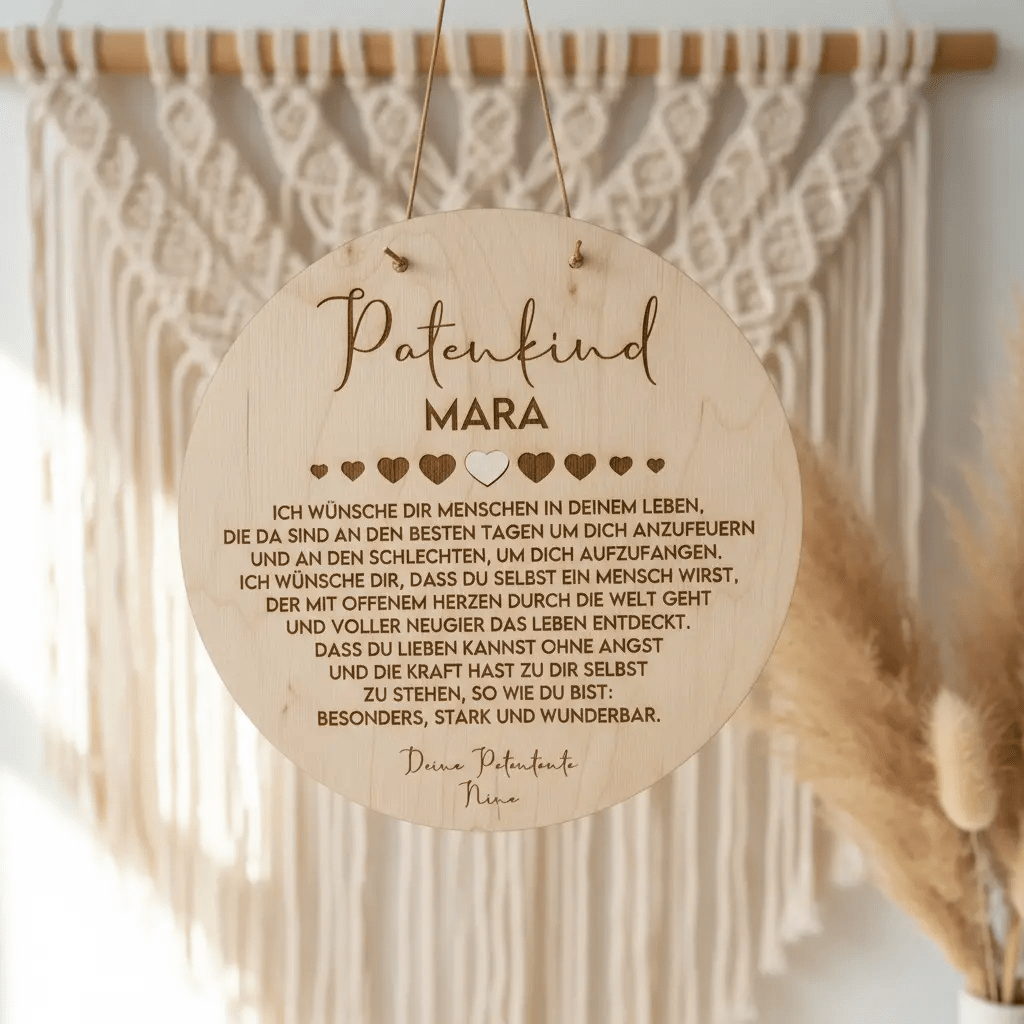 Taufgeschenk für Patenkind aus Holz, Herz und Rund – Seitenansicht des Schilds