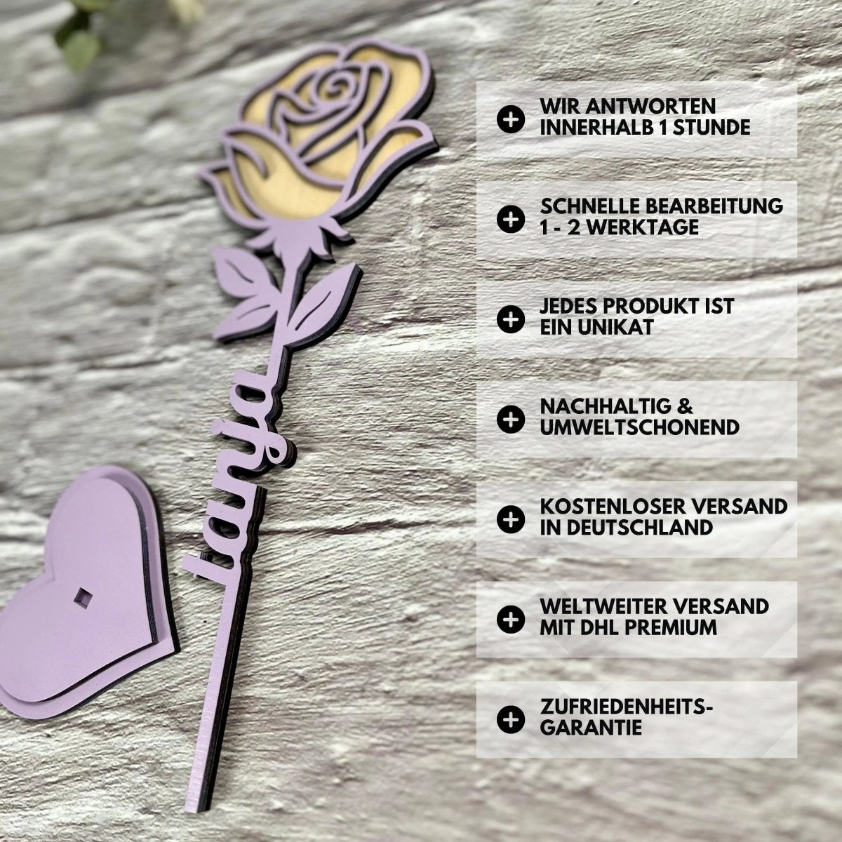 Ewige Rose aus Holz personalisiert – Nahaufnahme der Holzmaserung