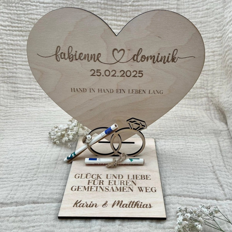 Personalisierte Geldgeschenk Herzplatte aus Holz – Hochzeitsgeschenk & Erinnerung - LaserArt Germany