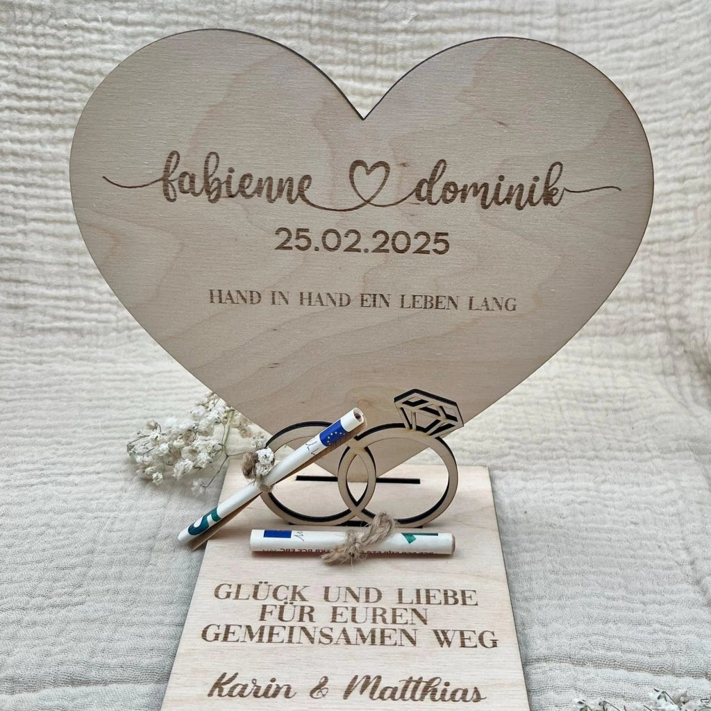 Personalisierte Geldgeschenk Herzplatte aus Holz – Hochzeitsgeschenk & Erinnerung - LaserArt Germany