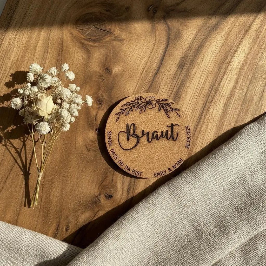 Namensschilder aus Kork, personalisierte Platzkarten Hochzeit – Größenvergleich in der Hand