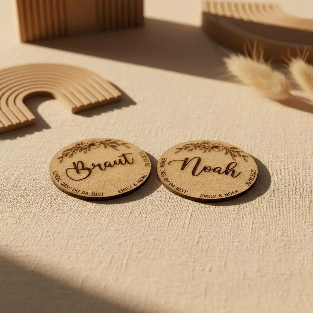 Namensschilder aus Kork, personalisierte Platzkarten Hochzeit – Auf der Hochzeitstafel platziert