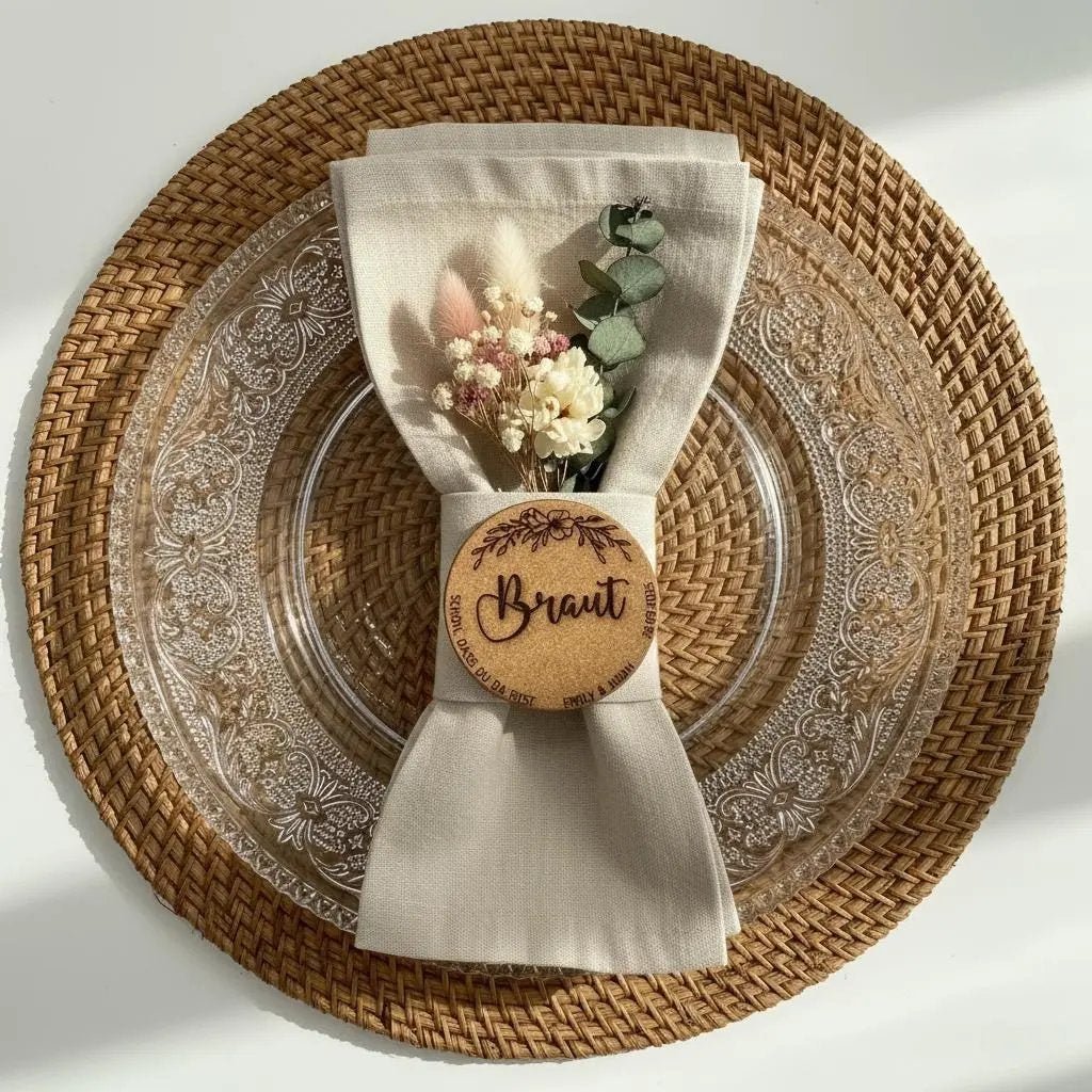 Namensschilder aus Kork, personalisierte Platzkarten Hochzeit – In der Geschenkverpackung