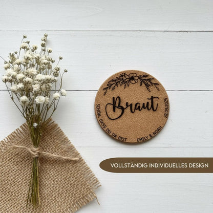 Personalisierte Namensschilder Hochzeit aus Kork | Untersetzer mit Gravur - LaserArt Germany