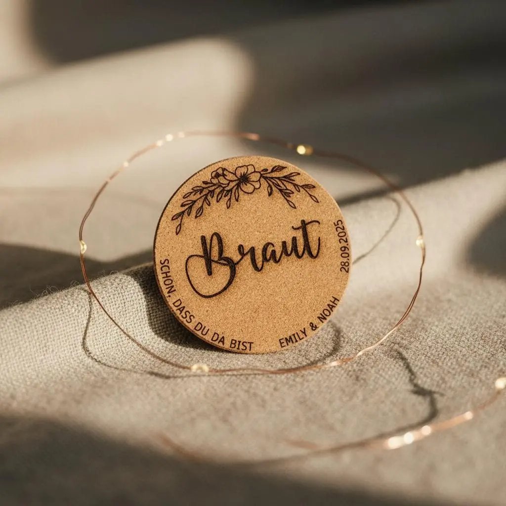 Namensschilder aus Kork, personalisierte Platzkarten Hochzeit – Nahaufnahme des Korkmaterials