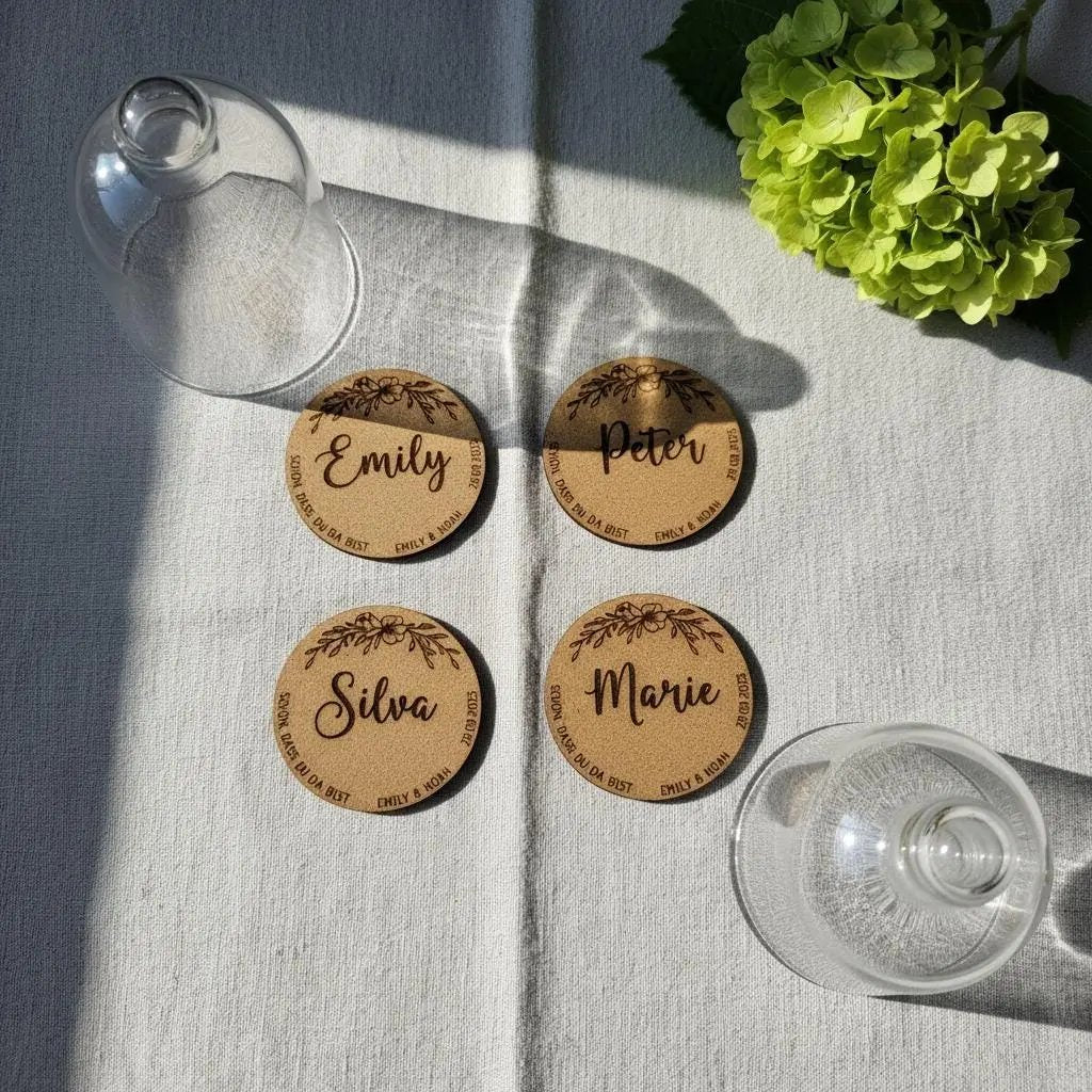 Namensschilder aus Kork, personalisierte Platzkarten Hochzeit – Frontalansicht mit Namensgravur