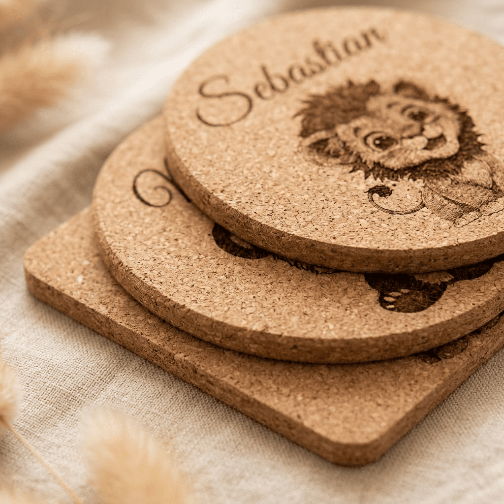 Personalisierte Kork-Untersetzer mit Tiermotiv – In der Geschenkverpackung