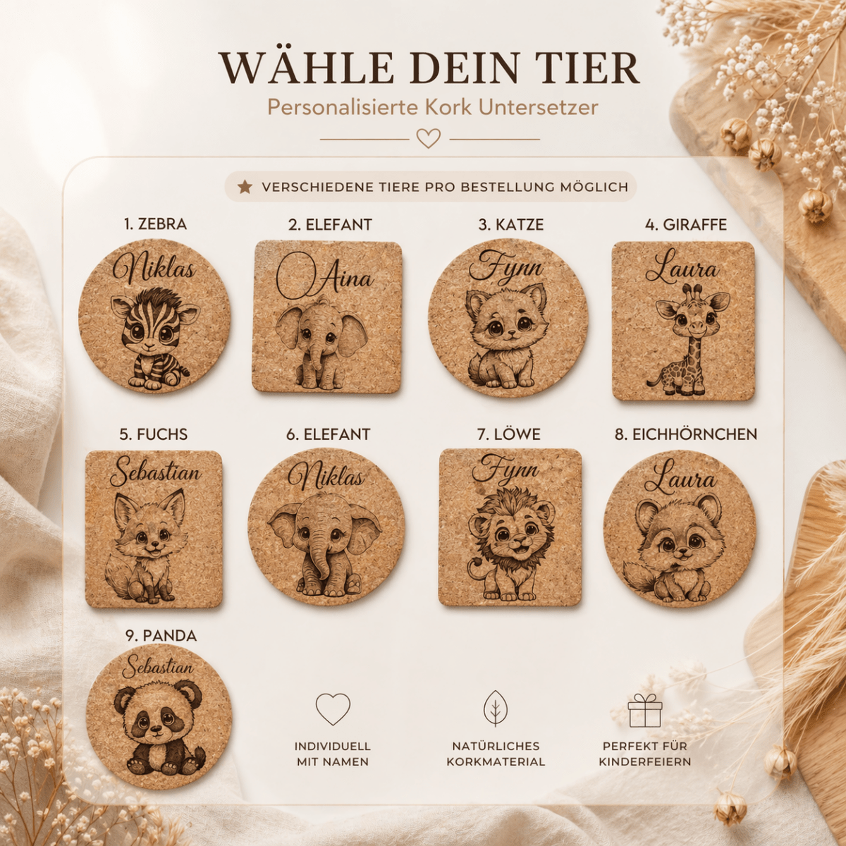 Personalisierte Kork-Untersetzer mit Tiermotiv – Detailaufnahme der Namensgravur