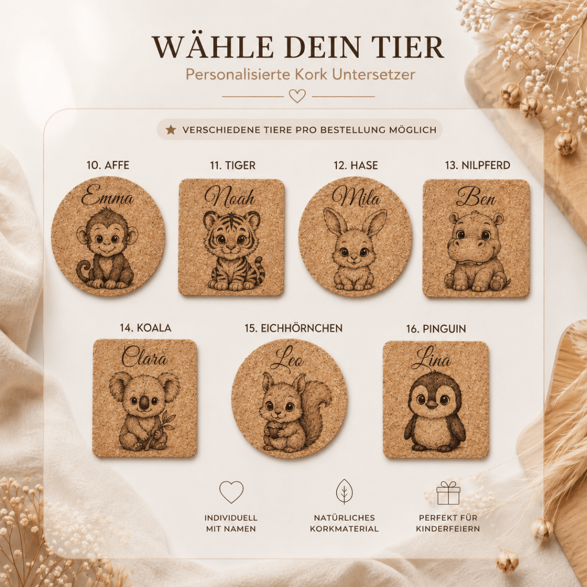 Personalisierte Kork-Untersetzer mit Tiermotiv – Größenvergleich in der Hand