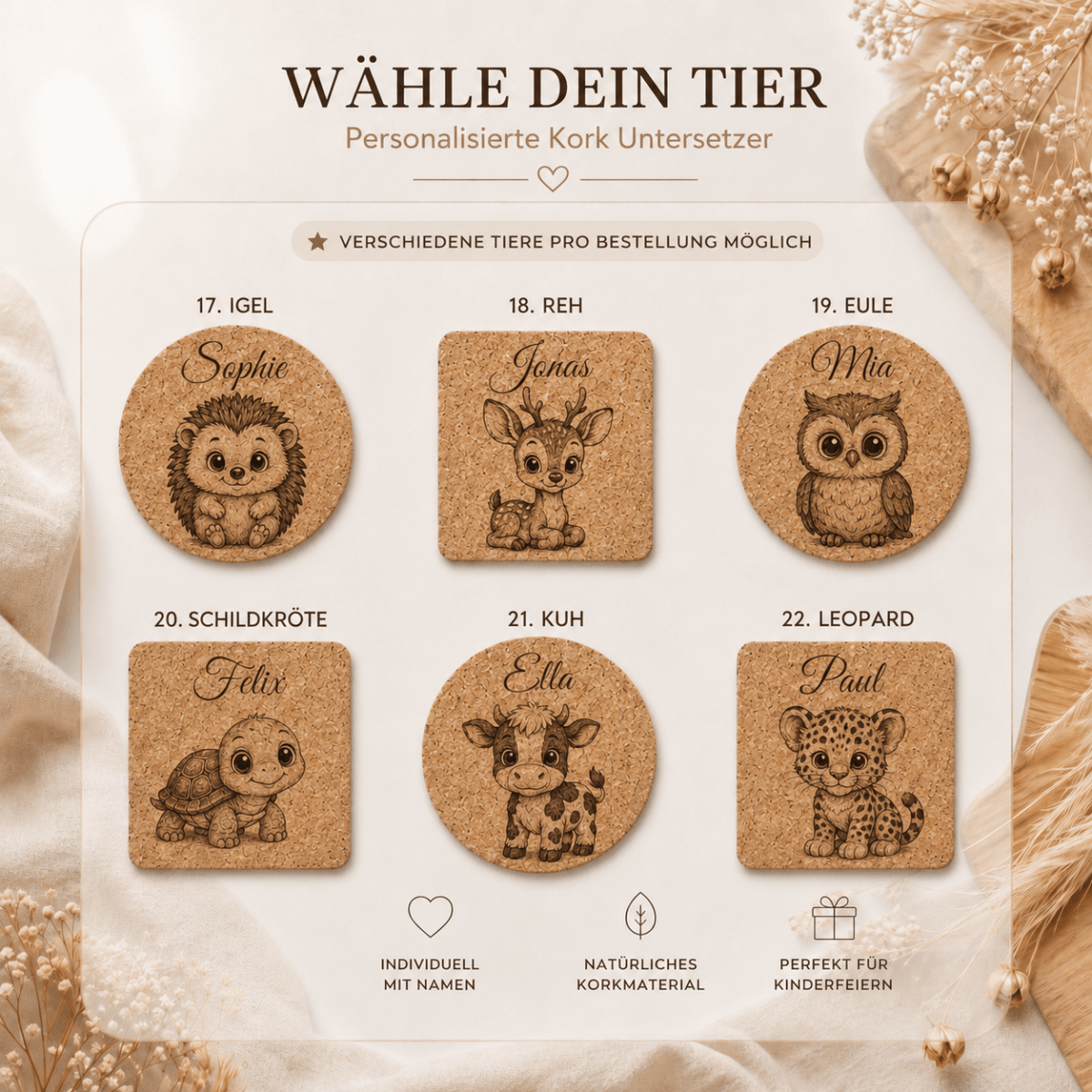 Personalisierte Kork-Untersetzer mit Tiermotiv – Rückseite des Untersetzers