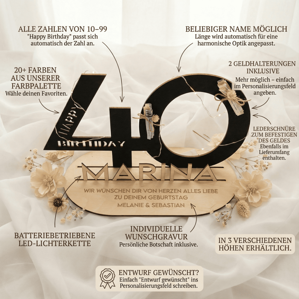 Personalisiertes Geldgeschenk zum Geburtstag | Zahlen 10–99 mit Name - LaserArt Germany