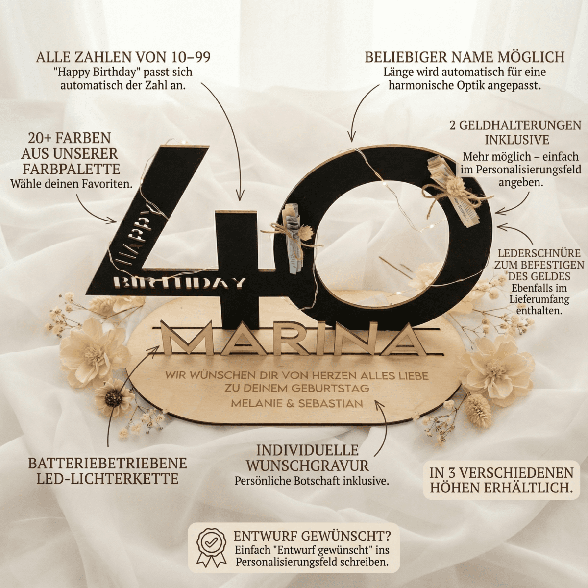 Personalisiertes Geldgeschenk zum Geburtstag | Zahlen 10–99 mit Name - LaserArt Germany
