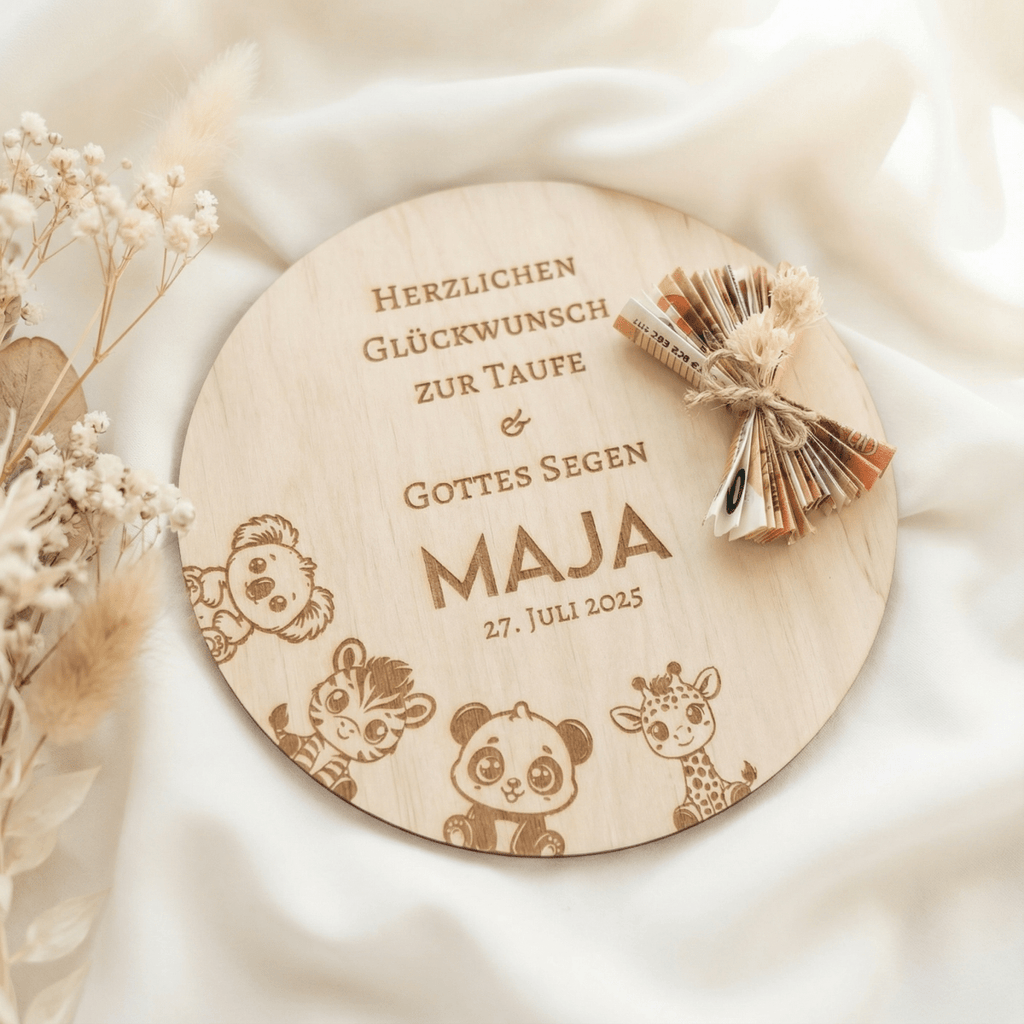 Personalisiertes Geldgeschenk zur Taufe aus Holz – mit Name, Datum & Spruch - LaserArt Germany