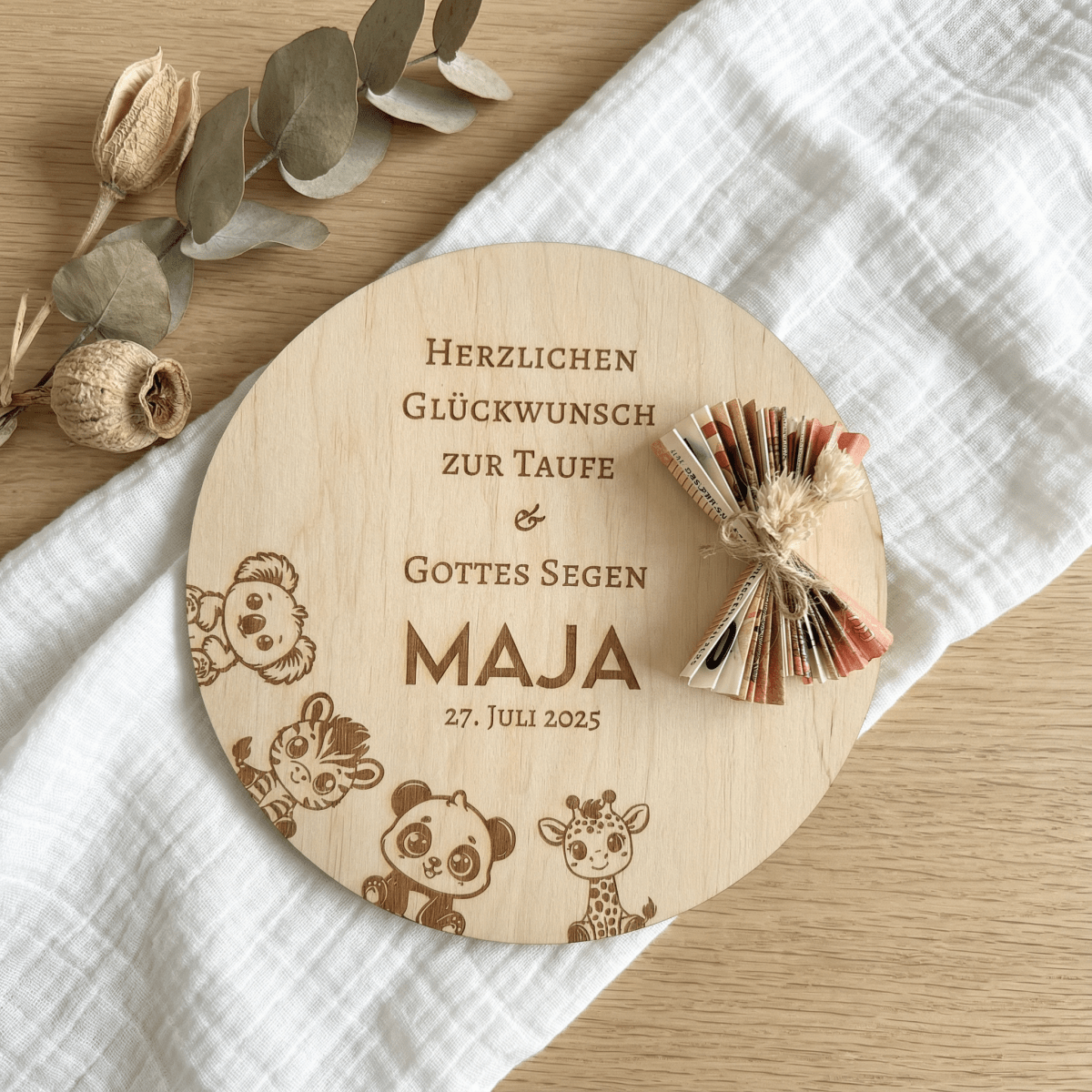 Personalisiertes Geldgeschenk zur Taufe aus Holz – mit Name, Datum & Spruch - LaserArt Germany