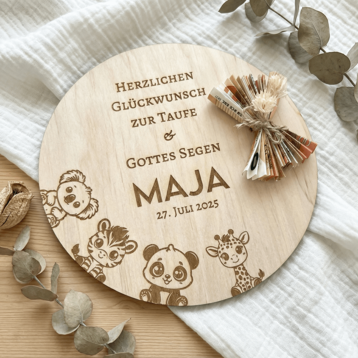 Personalisiertes Geldgeschenk zur Taufe aus Holz – mit Name, Datum & Spruch - LaserArt Germany