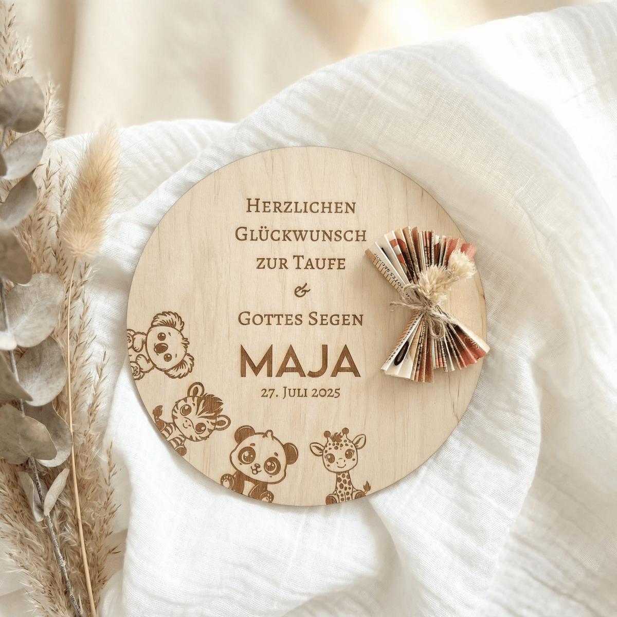 Personalisiertes Geldgeschenk zur Taufe aus Holz – mit Name, Datum & Spruch - LaserArt Germany