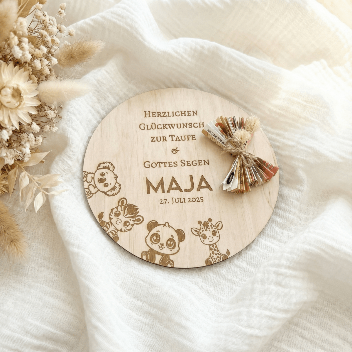 Personalisiertes Geldgeschenk zur Taufe aus Holz – mit Name, Datum & Spruch - LaserArt Germany