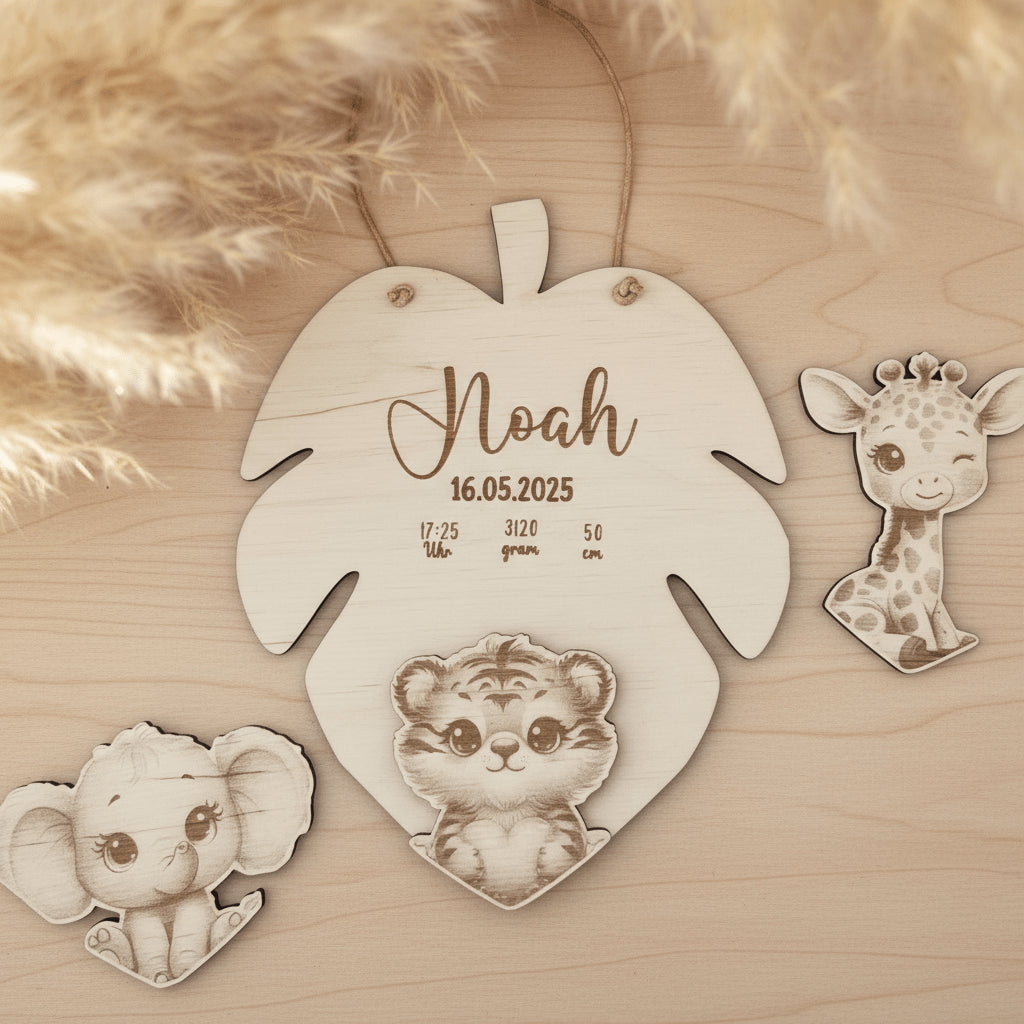 Personalisiertes Geschenk zur Geburt mit Namen & 3D Tiermotiv - LaserArt Germany