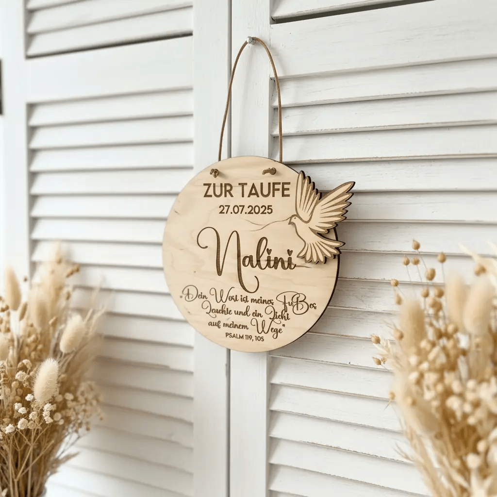 Taufgeschenk Friedenstaube aus Holz personalisiert – Aufhängeoption im Detail