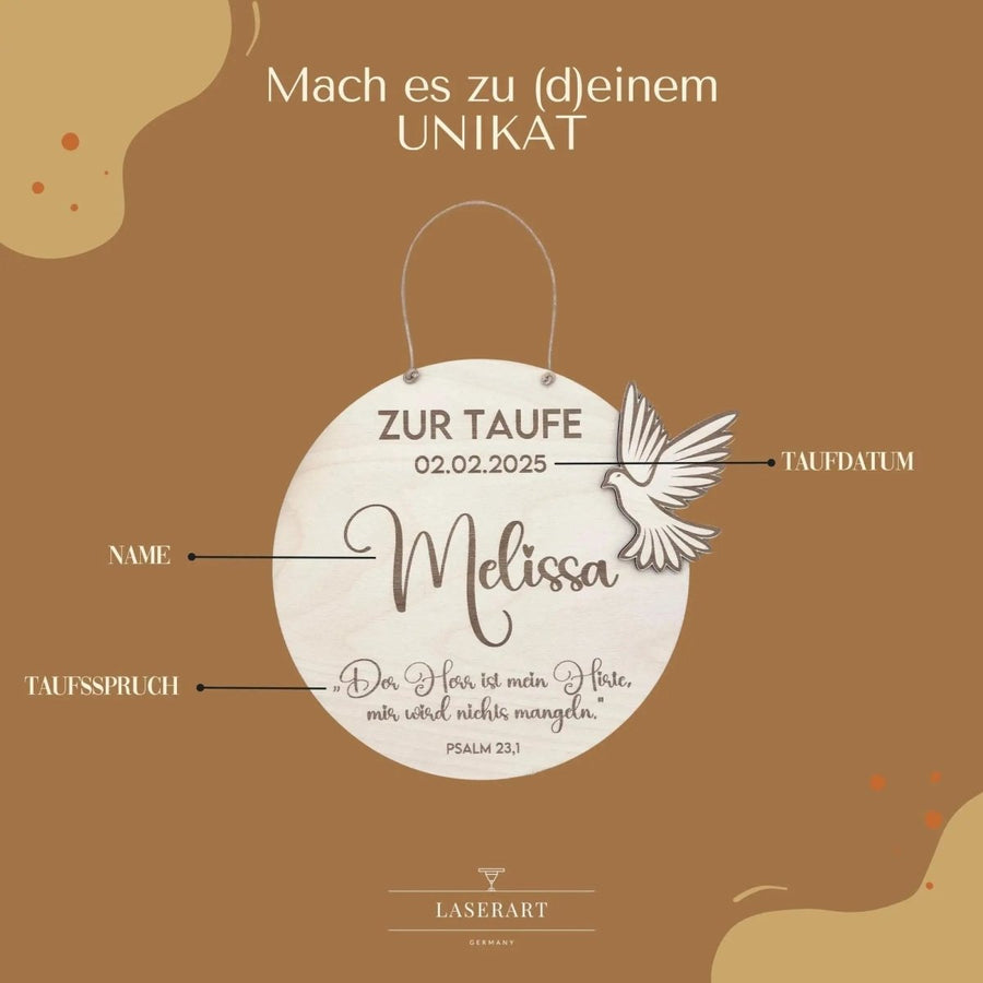 Personalisiertes Geschenk zur Taufe als Taufschild mit Friedenstaube - LaserArt Germany