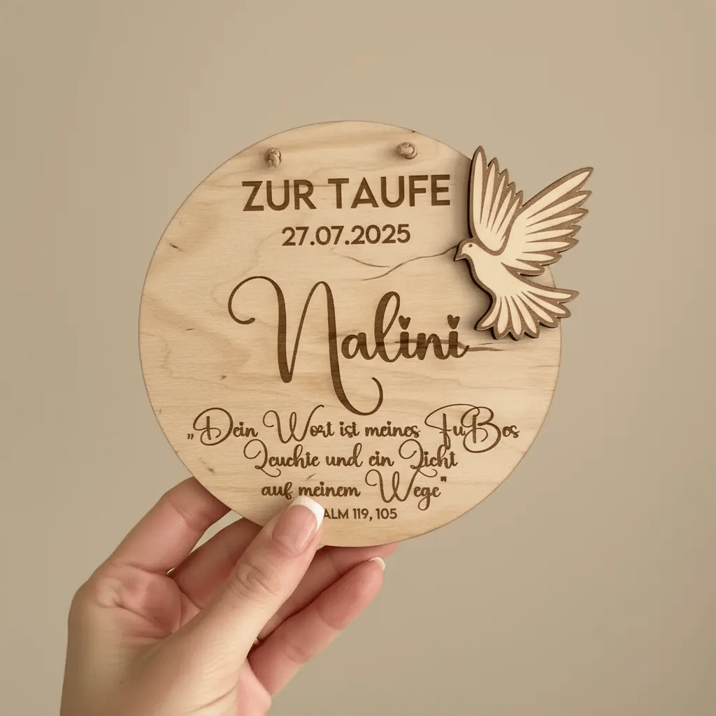 Taufgeschenk Friedenstaube aus Holz personalisiert – Frontalansicht mit Taufdatum graviert