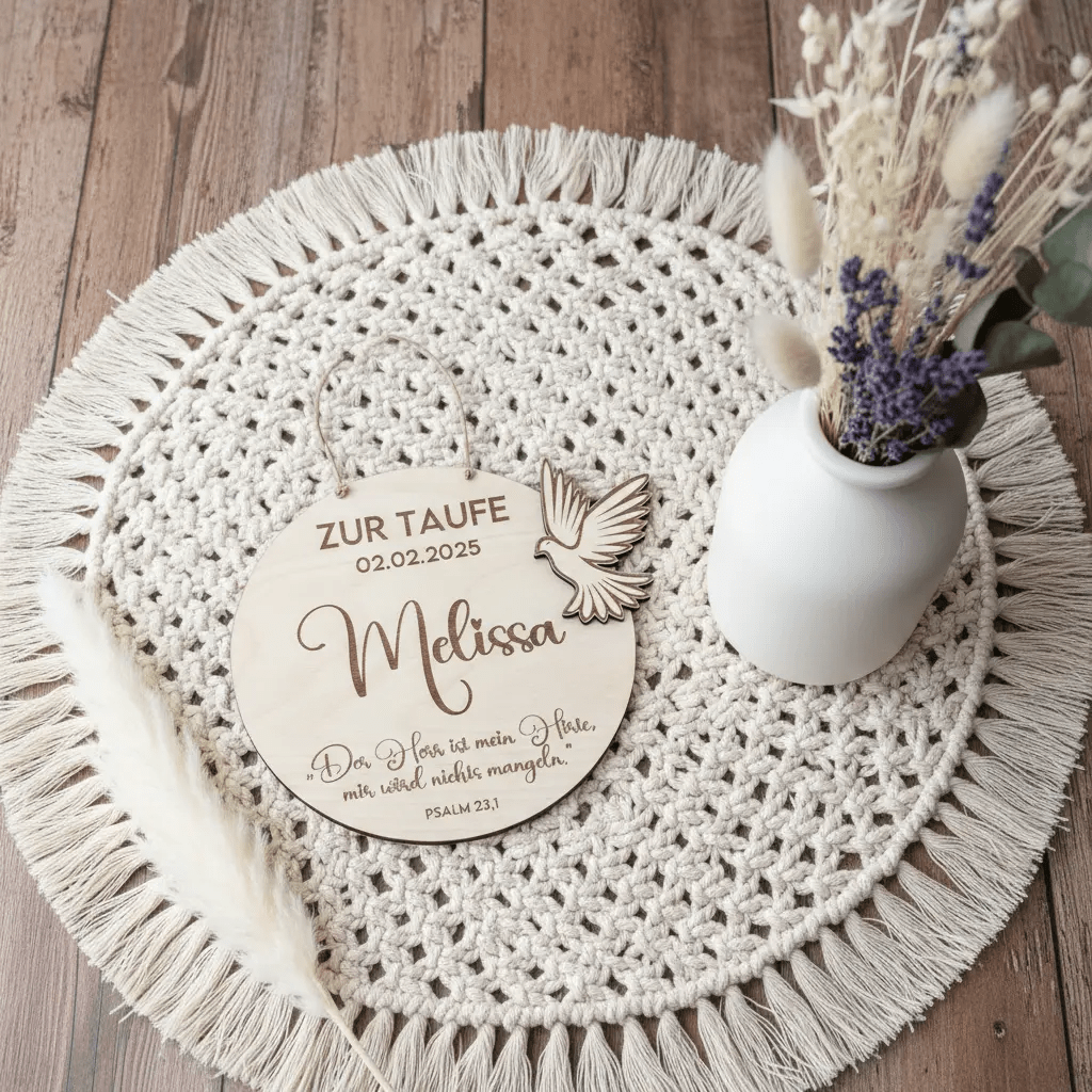 Personalisiertes Geschenk zur Taufe als Taufschild mit Friedenstaube - LaserArt Germany