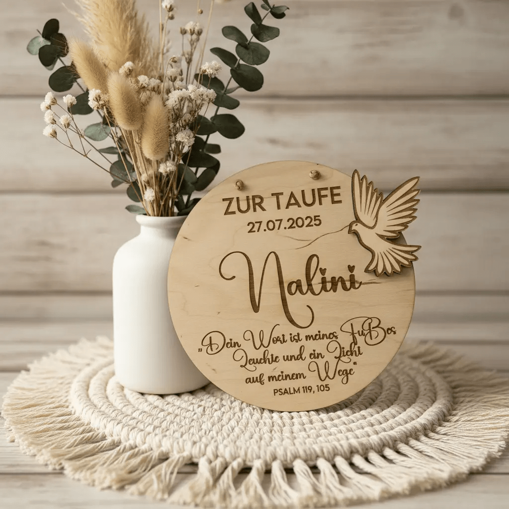 Taufgeschenk Friedenstaube aus Holz personalisiert – Rückseite des Schilds